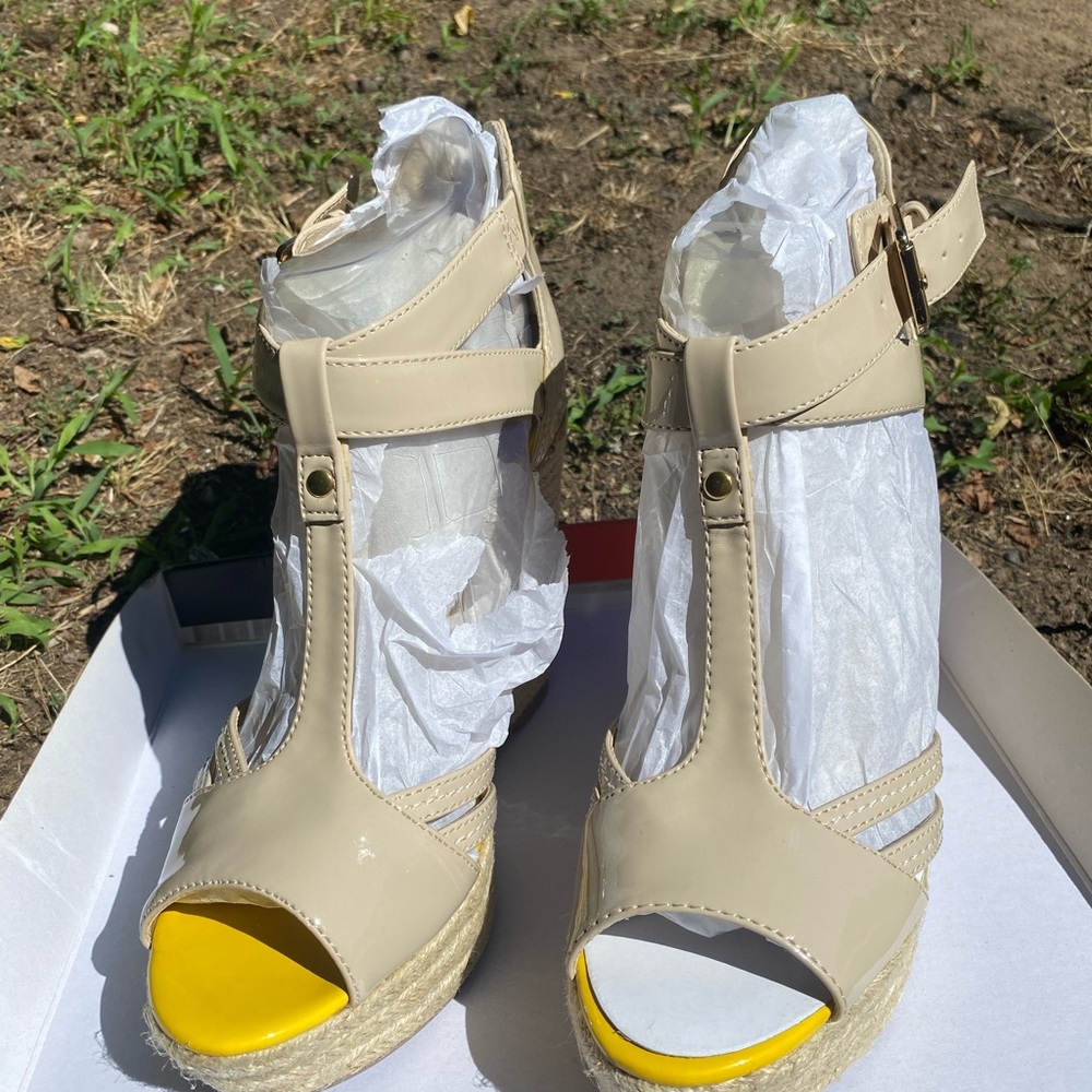 Guess Beige and Yellow Wedge Sandals